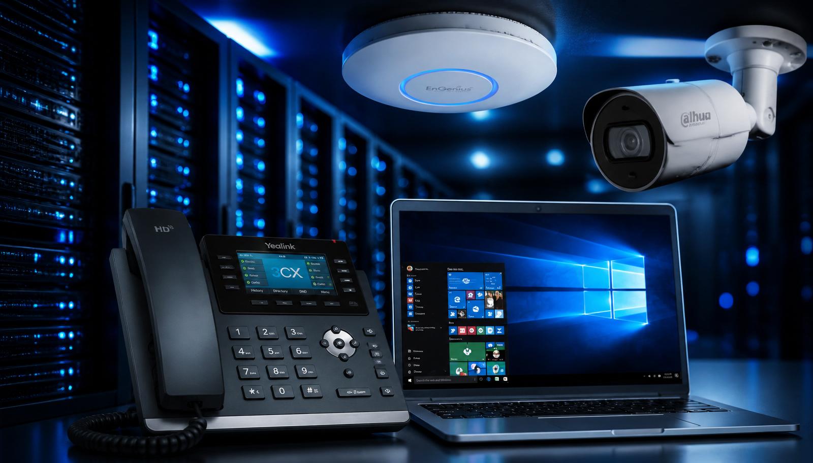 Datacenter with VoIP phone, laptop, WiFi access point and CCTV camera